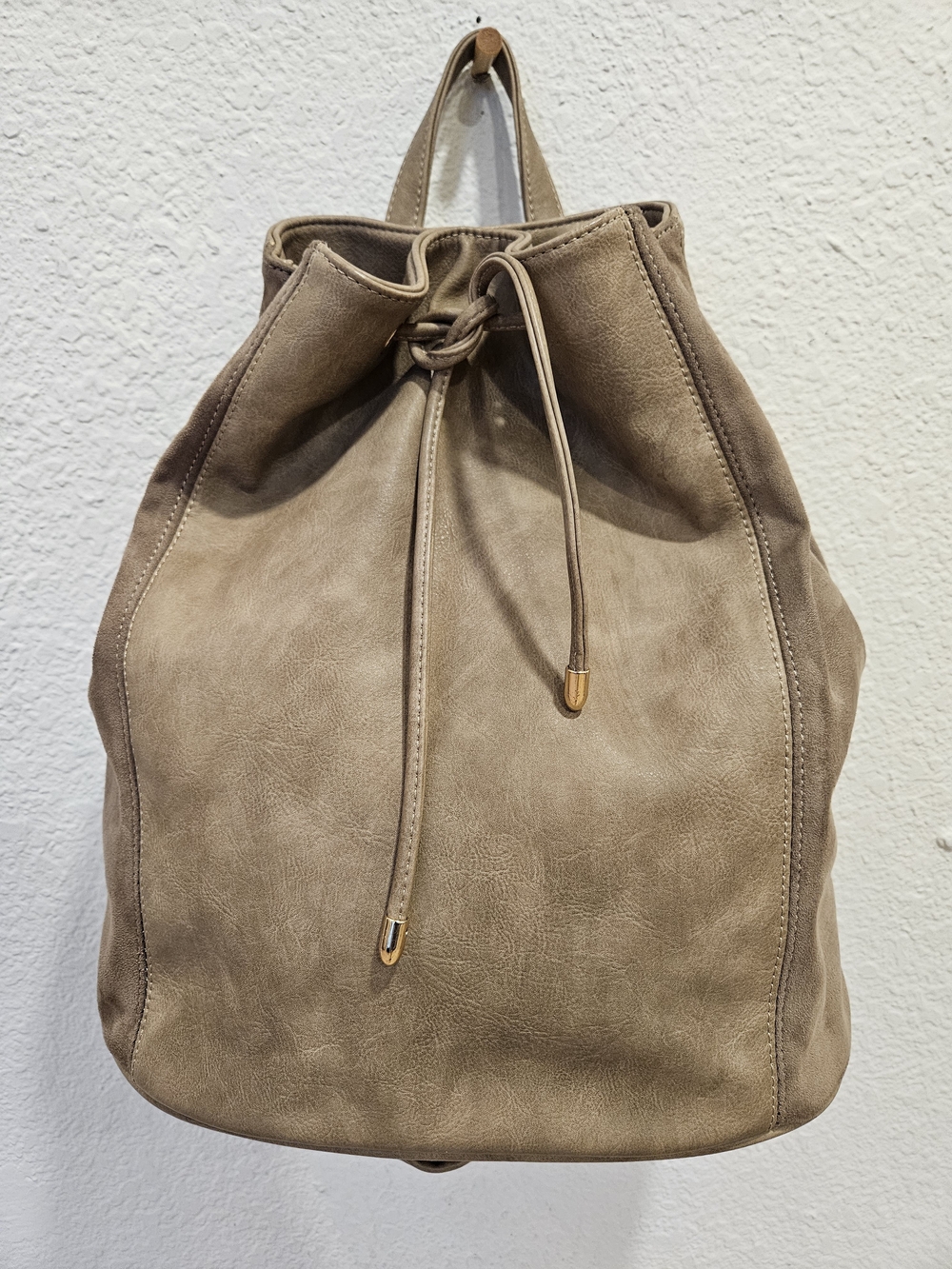 Vintage Neiman Marcus Brown Faux Suede Drawstring Backpack Slouchy Bucket Bag